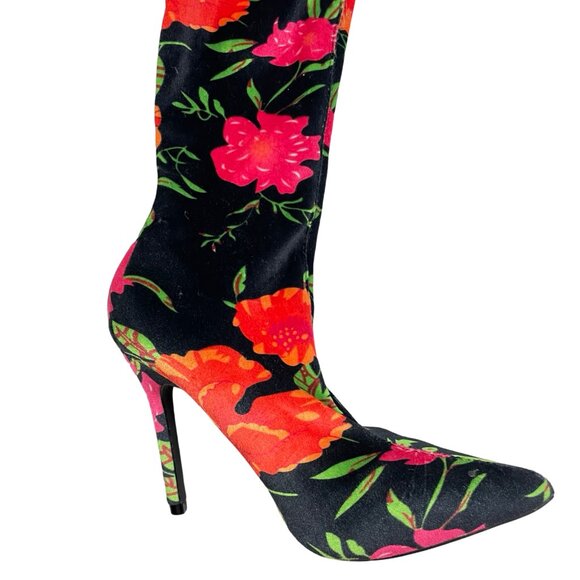 CAPE ROBBIN Boots Black Red Flowers Over the Knee Heels Velour Fabric Size 6 M - Picture 5 of 7